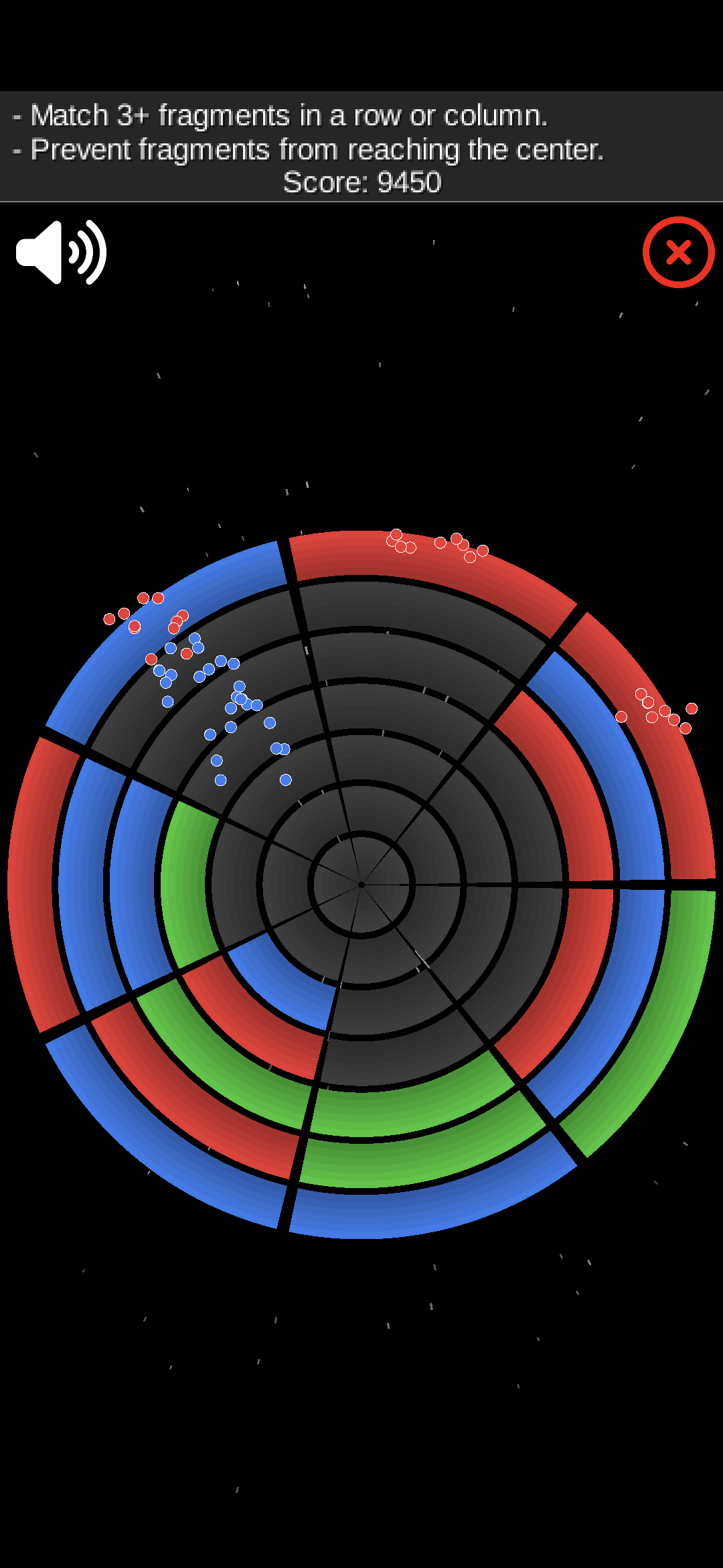 Nova's Escape: Black Hole gameplay, circular board, colored fragments, score display