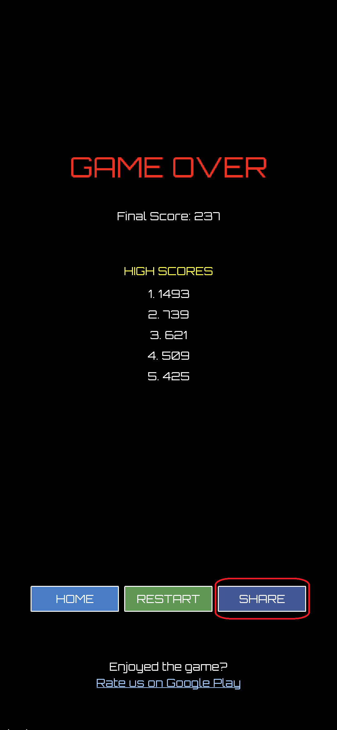 Nova's Escape in-game scoreboard with Share to Facebook button
