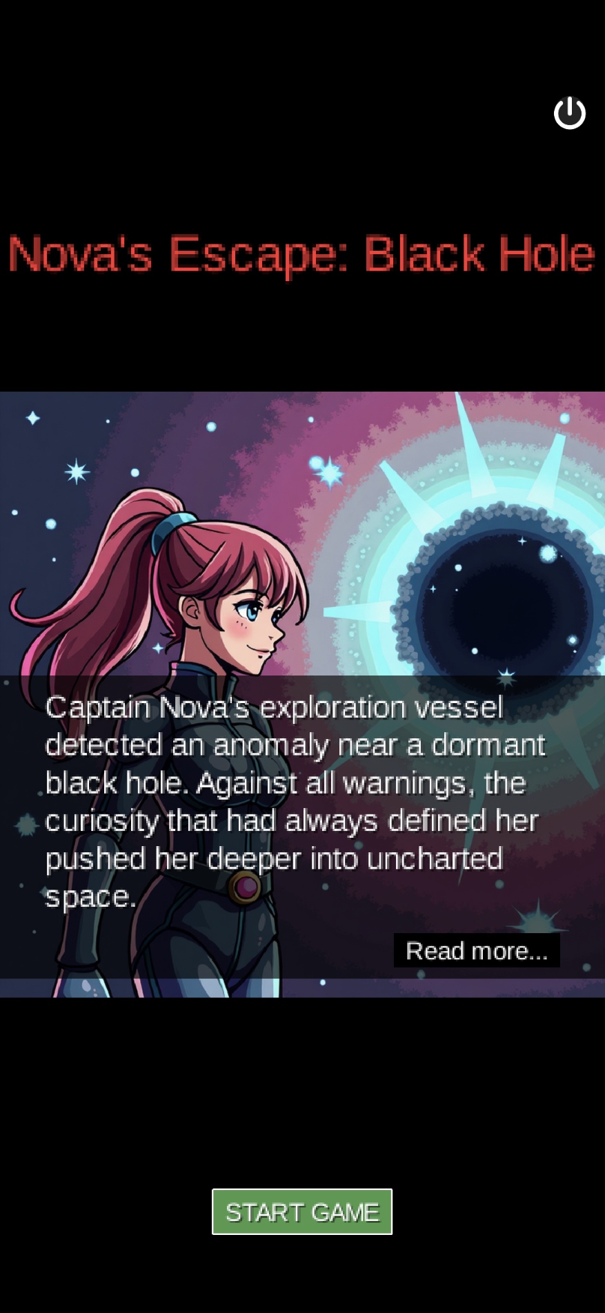 Nova's Escape: Black Hole game intro screen, retro sci-fi style